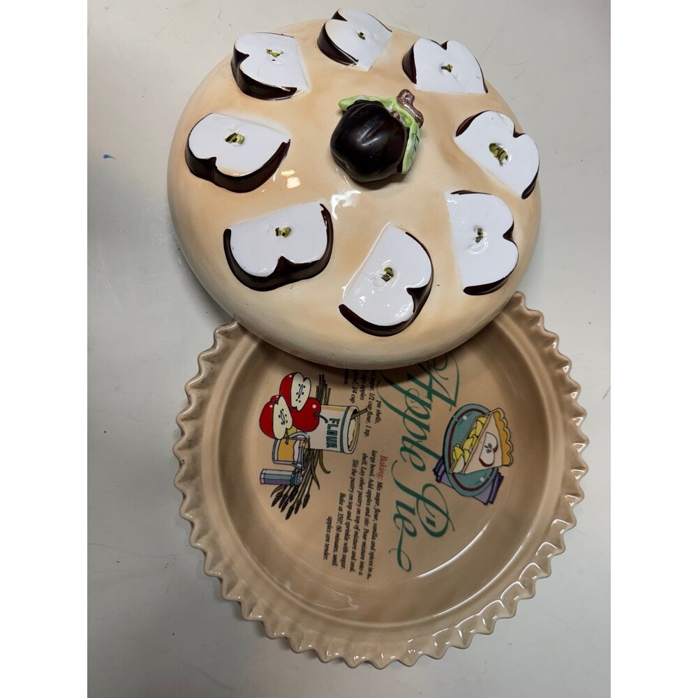 Vintage Ceramic Covered Apple Pie Keeper Recipe Printed in Fluted Baking Dish